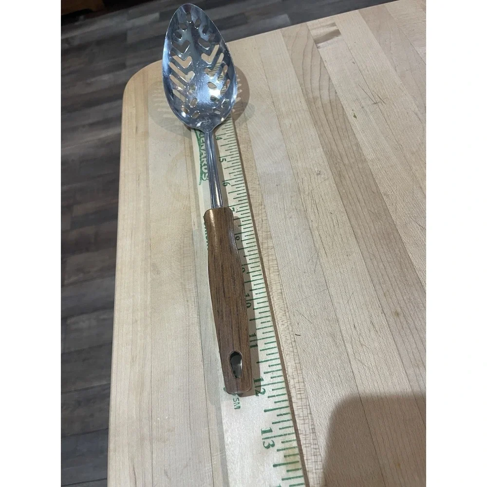 Vintage Ekco Slotted Spoon Serving Spoon Faux Wood Grain Handle